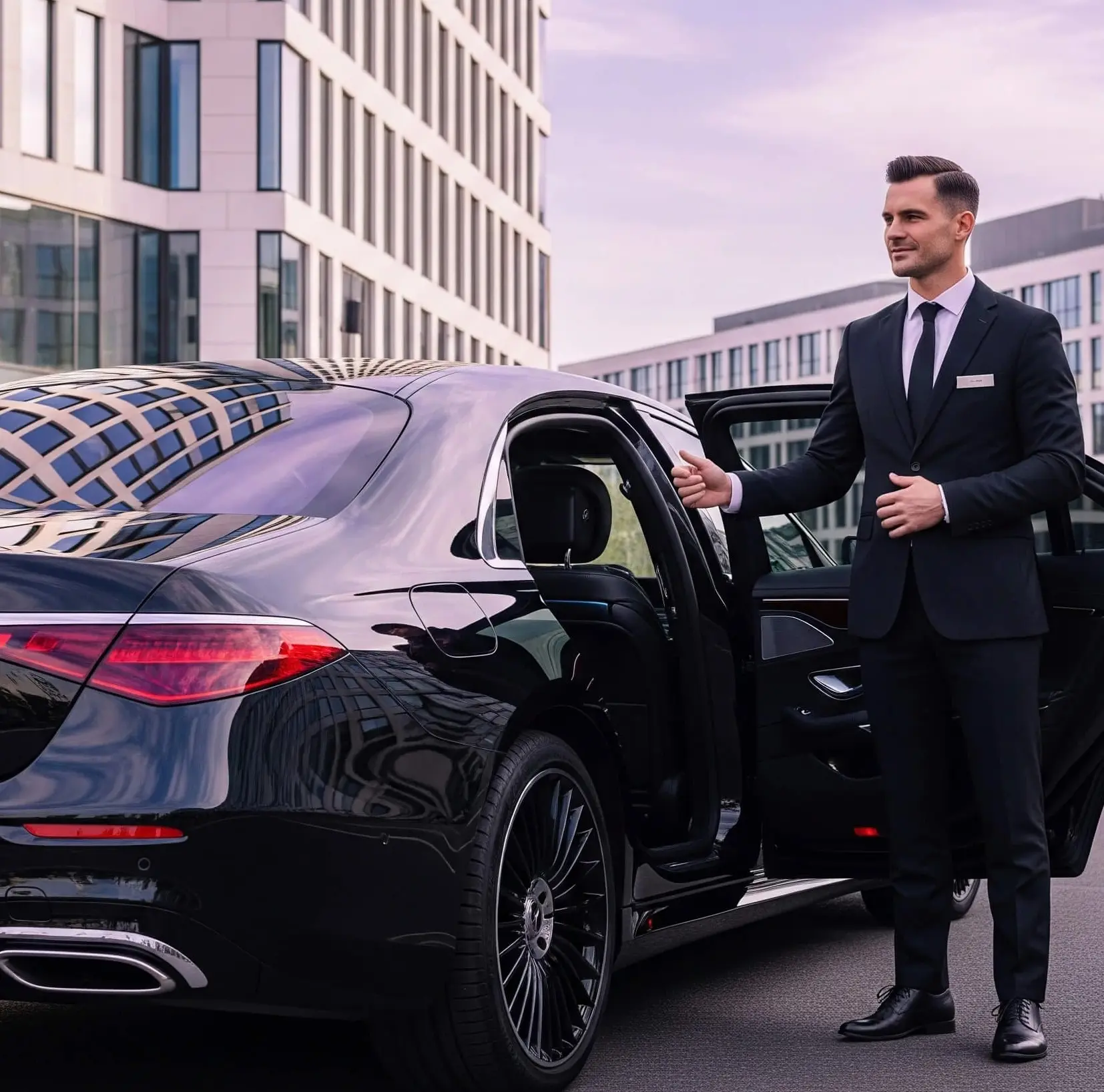 Professional BYZAS chauffeur in suit opening Mercedes S-Class door luxury executive transportation Turkey VIP service